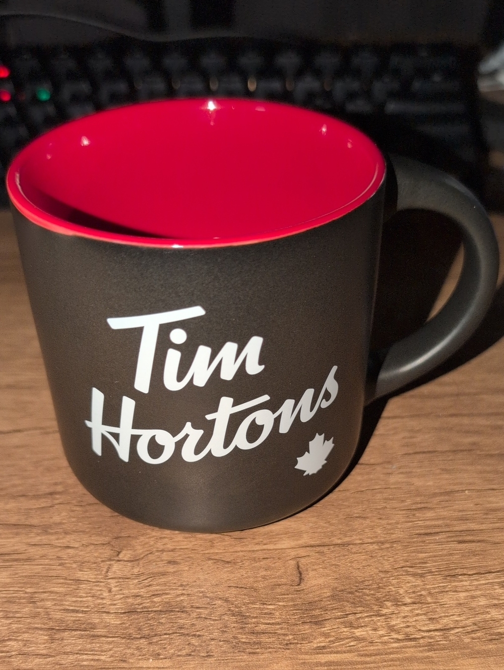 Tim Hortons Matte Black & Red Ceramic Coffee Mug 2020 Maple Leaf